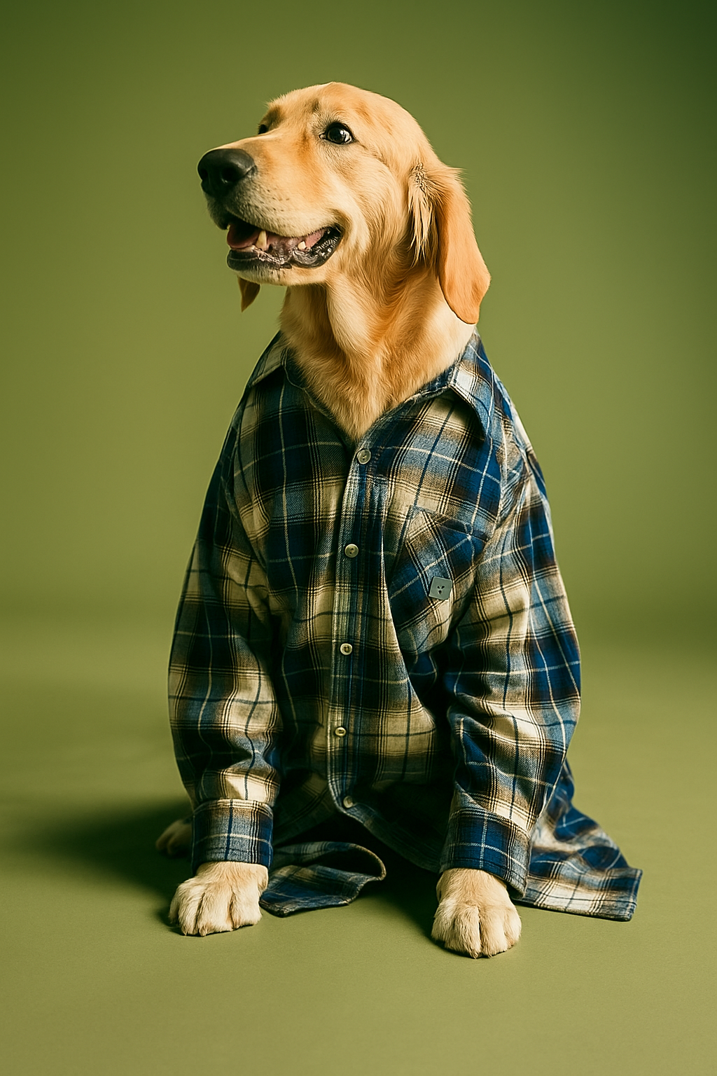 Golden Retriever in Blue Check Flannel Shirt – Cozy & Trendy Look