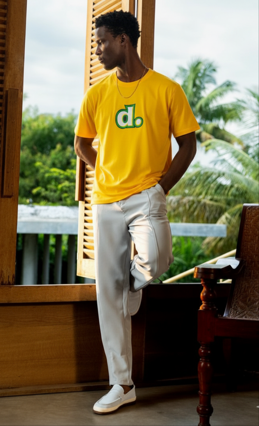 Bright Yellow Graphic T-Shirt with “d.” Print style