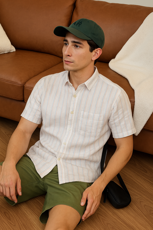 Casual Striped Short Sleeve Shirt – pink White Base