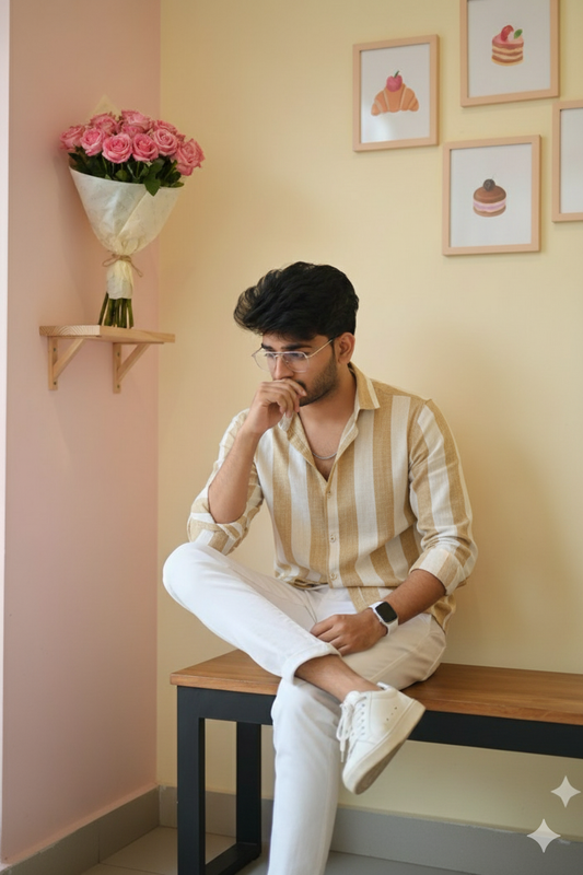 Men’s Casual Long Sleeve Striped Shirt – Mustard Yellow & White