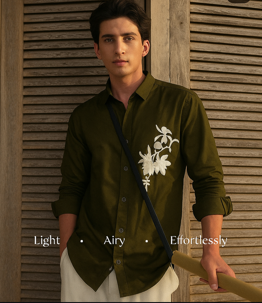 Olive Green Floral Embroidered Cotton Shirt